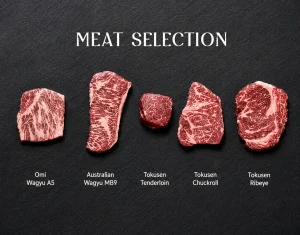 Premium meat selection at a fine dining restaurant Ubud featuring Omi Wagyu A5, Australian Wagyu MB9, and Tokusen beef cuts