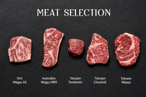 Premium meat selection at a fine dining restaurant Ubud featuring Omi Wagyu A5, Australian Wagyu MB9, and Tokusen beef cuts