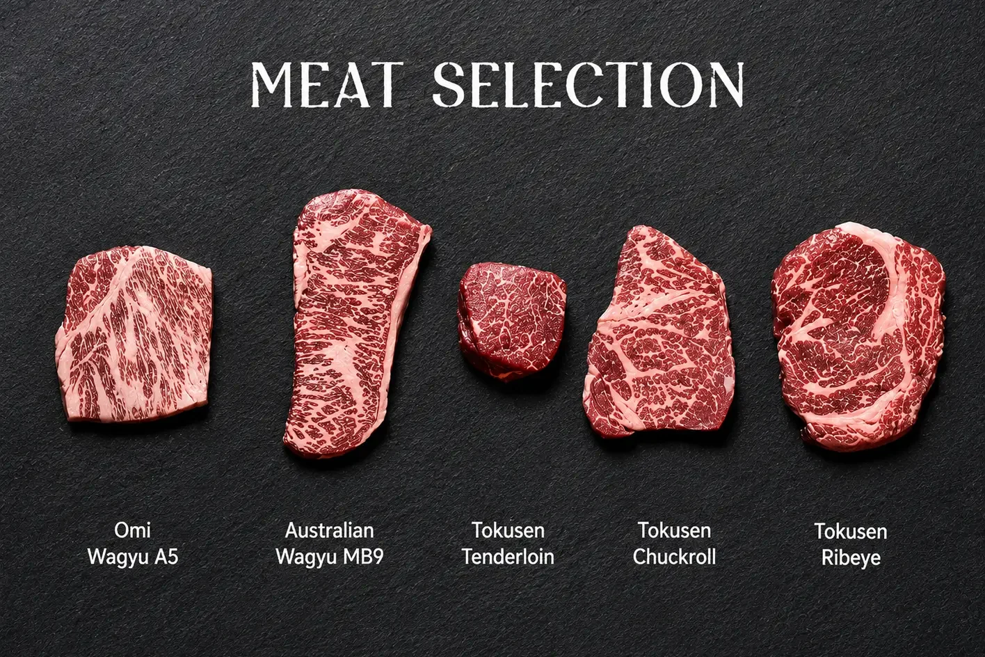 Premium meat selection at a fine dining restaurant Ubud featuring Omi Wagyu A5, Australian Wagyu MB9, and Tokusen beef cuts