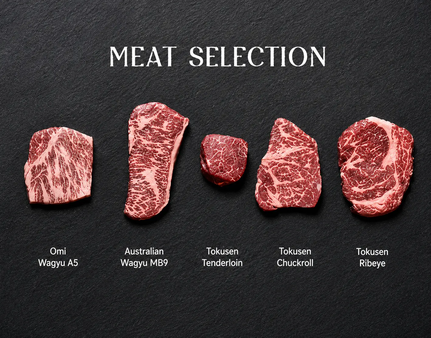 Premium meat selection at a fine dining restaurant Ubud featuring Omi Wagyu A5, Australian Wagyu MB9, and Tokusen beef cuts