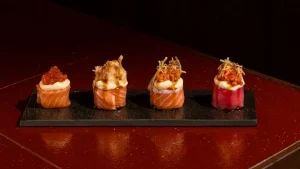 Gunkan sushi Ubud platter at Shinraku with Hana Salmon Ikura, Spicy Salmon, Hana Tempura, and Spicy Tuna